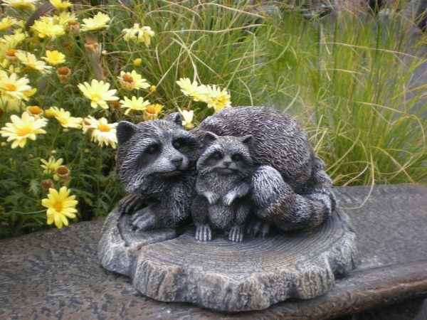 Statue de jardin de raton laveur et son petit